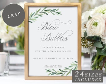 Greenery Blow Bubbles Confetti Sign with Gray Calligraphy, Editable Bubble confetti, Blow Bubbles Of Well Wishes template, INSTANT DOWNLOAD