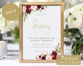 Marsala Wedding Invitation Template, Burgundy Flowers Wedding Invitation Card, Gold Calligraphy, Editable Wedding Invite, DIY Wedding Invite