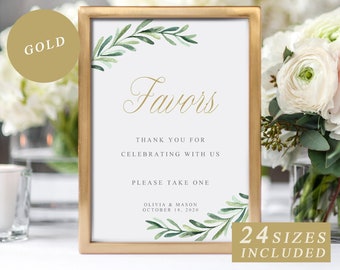 Greenery Wedding Favor Sign, Gold Calligraphy, Wedding Favors Template, Custom Wedding Reception Sign, Printable Wedding INSTANT DOWNLOAD