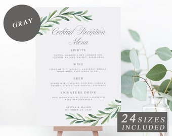 Signature Cocktails, Greenery Wedding Sign Template, Editable Wedding Cocktails Sign, Personalised Reception Signs, Bar Menu Sign, DOWNLOAD