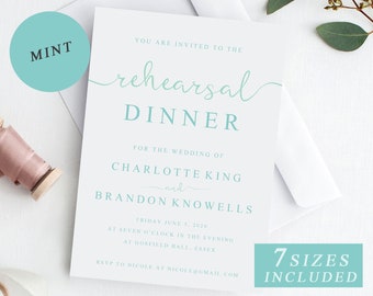 May include: A customizable wedding rehearsal dinner invitation template with a mint green color scheme. The text reads "You are invited to the rehearsal dinner for the wedding of Charlotte King and Brandon Knowells. Friday June 5, 2020 at seven o'clock in the evening at Gosfield Hall, Essex. RSVP to Nicole at nicole@gmail.com. 7 sizes included. Customizable template. Edit the text & photos to be unique to you."