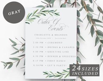 Greenery Order of Events Sign, Wedding Order of the Day Signs, Printable Wedding Timeline Template, Wedding Schedule Card - INSTANT DOWNLOAD