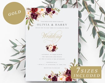 Marsala Wedding Invitation Template, Gold Calligraphy, Printable Wedding Invitation Cards, Custom Wedding Templates, Floral Wedding Invite