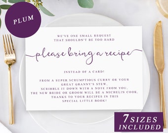 Bridal Shower Recipe Card in Plum, Bridal Shower Insert, Recipe Card, Recipe To Remember, Bridal Shower Invitation, PDF, INSTANT DOWNLOAD