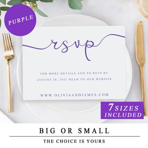 Antwortkarte Website Template in Lila, sofortiger Download Hochzeitswebsite Antwortkarten Vorlage, Besuchen Sie unsere Website Kartenvorlage 'The One'