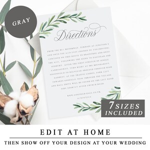 Puede incluir: Una tarjeta blanca con hojas verdes de acuarela y el texto "Directions" en una fuente cursiva. La tarjeta incluye indicaciones para llegar a un lugar de boda, con el texto "FROM THE MII MOTORWAY, TURNOFF AT JUNCTION 8 AND ONTO THE A120 EAST (SIGNED TO COLCHESTER) CONTINUE ON THIS ROUTE TO BRAINTREE AND ONTO THE A131, FOLLOWING THE SIGNS TO HALSTEAD AND SUDBURY. AFTER THE FIRST STRETCH OF SINGLE CARRIAGEWAY, TURN RIGHT AT THE ROUNDABOUT. SIGNPOSTED TO HALSTEAD, PROCEED THROUGH HIGH GARRETT. AT THE TRAFFIC LIGHTS, FORK LEFT TOWARDS GOSFIELD. PASS THROUGH THE VILLAGE AND HALL DRIVE WILL BE FOUND ON THE LEFT HAND SIDE SHORTLY AFTER CHURCH ROAD. www.GOSFIELD-HALL.CO.UK 01787472914 7 SIZES INCLUDED EDIT AT HOME THEN SHOW OFF YOUR DESIGN AT YOUR WEDDING".