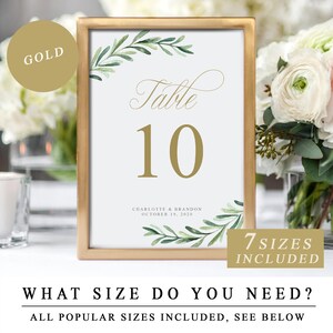 Greenery Table Number Sign With Gold Calligraphy, Editable Wedding Table Number Signs, Wedding Table Numbers Template INSTANT DOWNLOAD