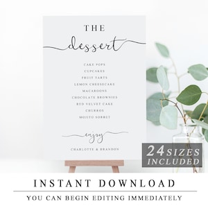 以下が含まれることがあります： 木製のイーゼルに置かれた白いデザートメニューの看板。看板には、エレガントな筆記体で「dessert」という言葉があり、デザートのリストが続きます。看板の下部には「enjoy」と「Charlotte & Brandon」という名前があります。看板には「24 SIZES INCLUDED」と「INSTANT DOWNLOAD」とも書かれています。
