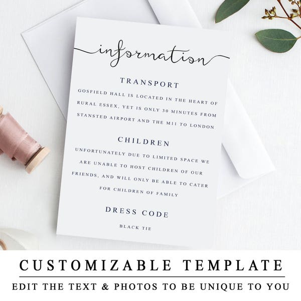 Printable Wedding Details Template, Wedding Insert Cards, Elegant Details Card, DIY Wedding Detail Card Template, Wedding Information Card