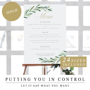 Cartões de menu de casamento verde com caligrafia dourada, cartão de menu de casamento editável DIY, modelos de sinalização de casamento para impressão, DOWNLOAD INSTANTÂNEO