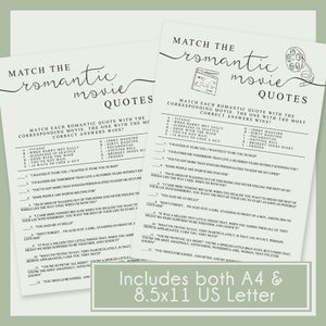 Match The Movie Quote Game - Editable and Printable, Bridal Shower Gams, Romantic Quote, Couples Shower, Printable Game, Instant Download
