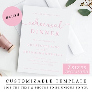 Plantilla personalizada de invitación a cena de ensayo en rosa, invitación imprimible, invitación a cena de ensayo de boda en color rubor (PDF, descarga instantánea)