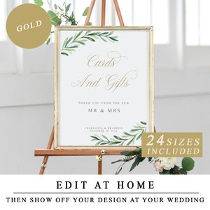 Greenery Cards & Gifts Sign with Gold Calligraphy, Wedding Gift Table Signs, Printable Wedding Cards and Gifts Template INSTANT DOWNLOAD