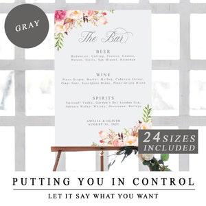Signo de menú de barra de bodas, plantilla de menú de bebidas de boda, menú de bebidas imprimible, flores rosas boho rubor, peonías y rosas florales DESCARGA INSTANTÁNEA