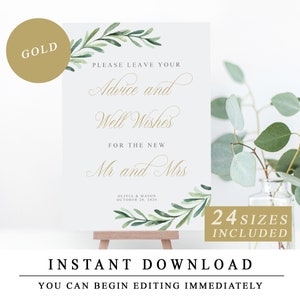 Please Leave Your Advice and Well Wishes For The New Mr & Mrs Sign, Bridal Shower Advice Template in Gold Calligraphy INSTANT DOWNLOAD