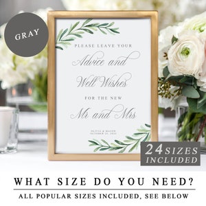 Please Leave Your Advice and Well Wishes Sign in Gray Calligraphy, Bridal Shower Advice Template, Wedding Advice Mr & Mrs INSTANT DOWNLOAD