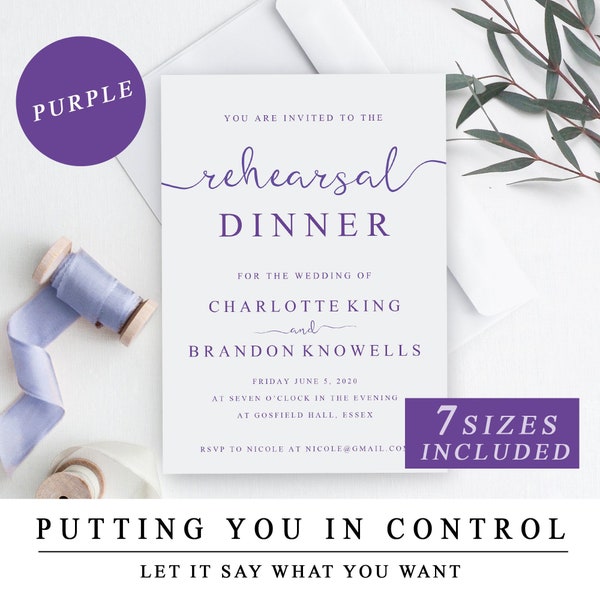 Purple Rehearsal Dinner Invites, Rehearsal Invitations, Dinner Invitations, Purple And White, Modern, Elegant, Printable Wedding Invites