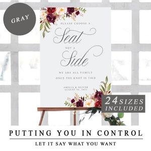 Marsala Choose A Seat Not A Side Template, Choose A Seat Sign, Editable Wedding Signs, Personalised Wedding Signs, DIY Wedding Templates