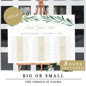 May include: A wedding seating chart with a gold and green color scheme. The chart is titled "Find Your Seat" and includes the names of guests and table assignments. The text "Olivia & Mason - October 18, 2020" is also included. The chart is framed and displayed on an easel.