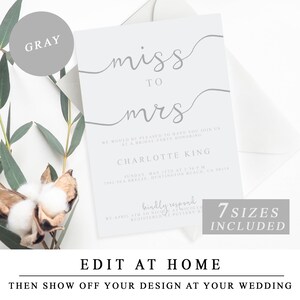 Custom Gray Bridal Shower Invite Template, Wedding Shower Invitation Printable Template, Miss to Mrs Bridal Invite, DIY PDF Instant Download