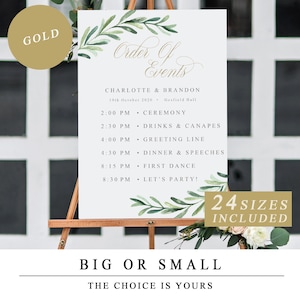 Groen bruiloft volgorde van evenementen kaart met gouden kalligrafie, DIY bewerkbare bruiloft tijdlijn teken, afdrukbare bruiloft sjabloon INSTANT DOWNLOAD