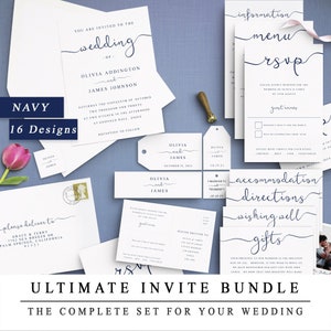 May include: A set of wedding invitation templates in navy blue and white with a handwritten script font. The set includes an invitation, RSVP card, information card, menu card, accommodation card, directions card, wishing well card, and gifts card. The text on the invitation reads "You are invited to the wedding of Olivia Addington and James Johnson".