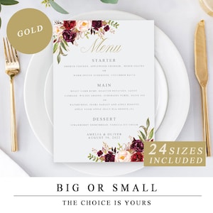 Tarjeta de menú de boda Marsala con caligrafía dorada, tarjeta de menú de boda editable DIY Borgoña floral, plantilla de boda imprimible DESCARGA INSTANTÁNEA