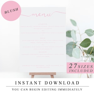 Wedding Menu Card Template (BLUSH PINK) DIY Printable, Calligraphy Wedding Menu Card, Wedding Menu Printable, Elegant Wedding Menus