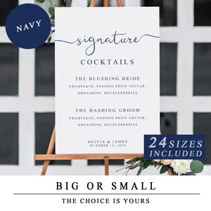 Signe de cocktail signature en bleu marine, modèle de bar de mariage modifiable, carte de boissons de bar de mariage, cocktails, carte d&#39;alcools, téléchargement immédiat