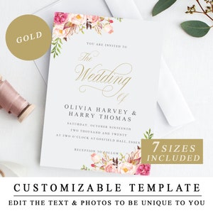 Rosa Blumenhochzeitseinladungskarten, Hochzeitseinladung mit goldener Kalligraphie, romantisches Pfirsich, Pfingstrosen und Rose Blumen, Einladungen DOWNLOAD