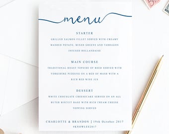 DIY Wedding Menu Template (NAVY), Calligraphy Wedding Menu Card, Wedding Menu Printable, Elegant Wedding Menus, 7 Sizes, Instant Download