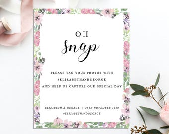 Florale Hochzeitsvorlage, Hashtag Hochzeitsschild, Hilf uns unseren großen Tag zu dokumentieren, Oh Snap Empfang Schild, SOFORTIGER DOWNLOAD