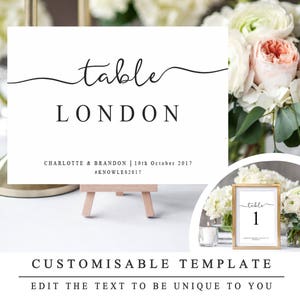 Plantilla de números y nombres de mesa de boda de bricolaje, signo de nombre de mesa de recepción imprimible, números y nombre de mesa de caligrafía moderna, DESCARGAR