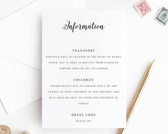 Afdrukbare sjabloon bruiloft details, bruiloft invoegen, moderne kalligrafiekaart, kaartsjabloon DIY bruiloft detail, informatiekaart bruiloft
