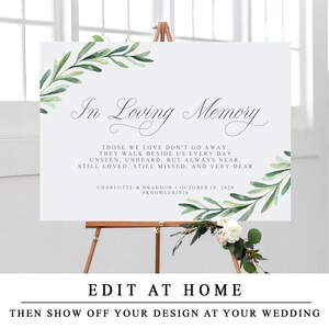 Pu&ograve; includere: Un cartello stampabile con un design ad acquerello di foglie verdi e il testo "In Loving Memory" con una citazione su coloro che amiamo. Il cartello include anche il testo "Charlotte & Brandon - 19 ottobre 2020 #Knowles2020".