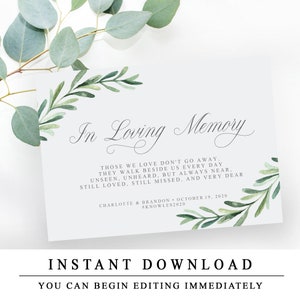 Pu&ograve; includere: Un biglietto stampabile con un'illustrazione ad acquerello di foglie verdi e il testo "In Loving Memory". Il biglietto include una citazione su coloro che amiamo e una data. Il testo recita: "Quelli che amiamo non se ne vanno. Camminano al nostro fianco ogni giorno, invisibili, inudibili, ma sempre vicini, sempre amati, sempre mancati, e molto cari. Charlotte & Brandon - 19 ottobre 2020 #Knowles2020"