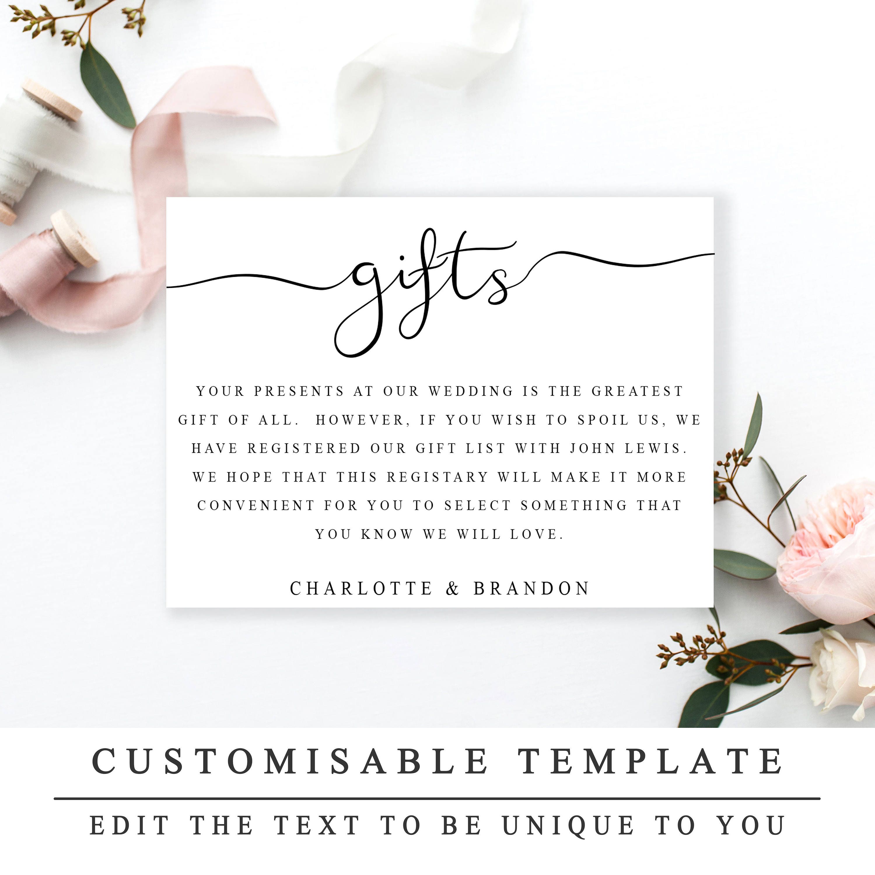 Printable Wedding Gift Registry Template Wedding Insert | Etsy