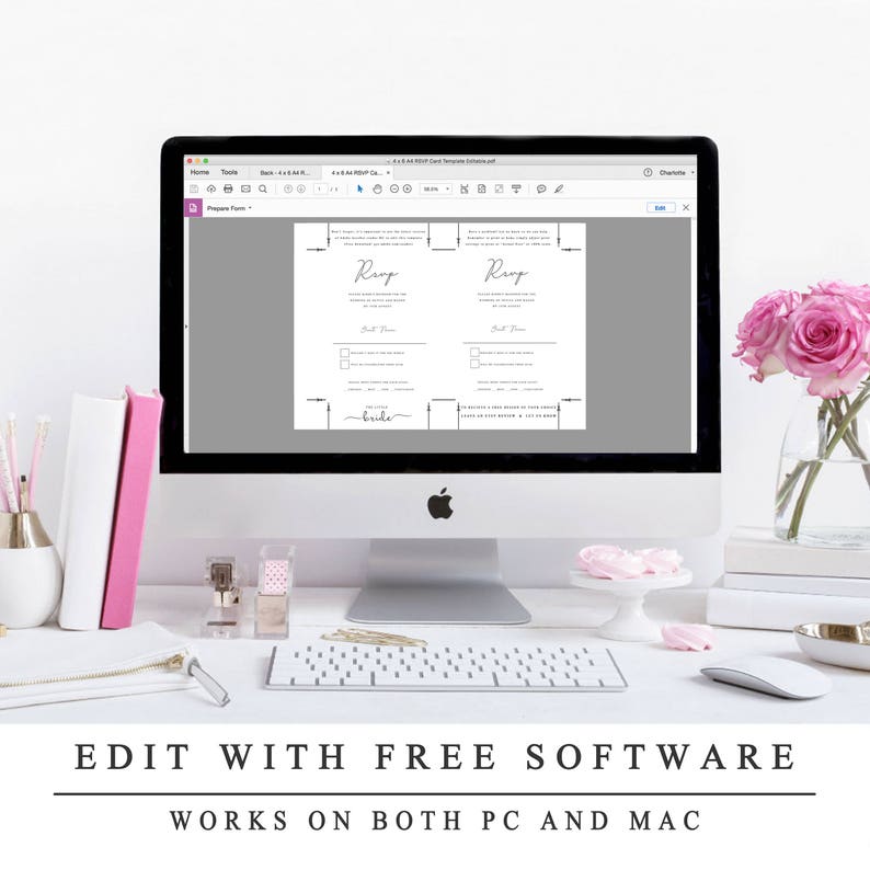 May include: A computer screen displaying a wedding RSVP card template with the text "RSVP" and "Bride" in a minimalist design. The text "Edit with Free Software" and "Works on Both PC and Mac" is displayed below the computer screen.