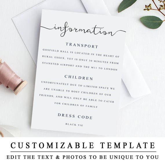 Printable Wedding Details Template, Wedding Wedding Detail Insert Information - Details DIY Etsy Card, Card Cards, Elegant Card Wedding Template