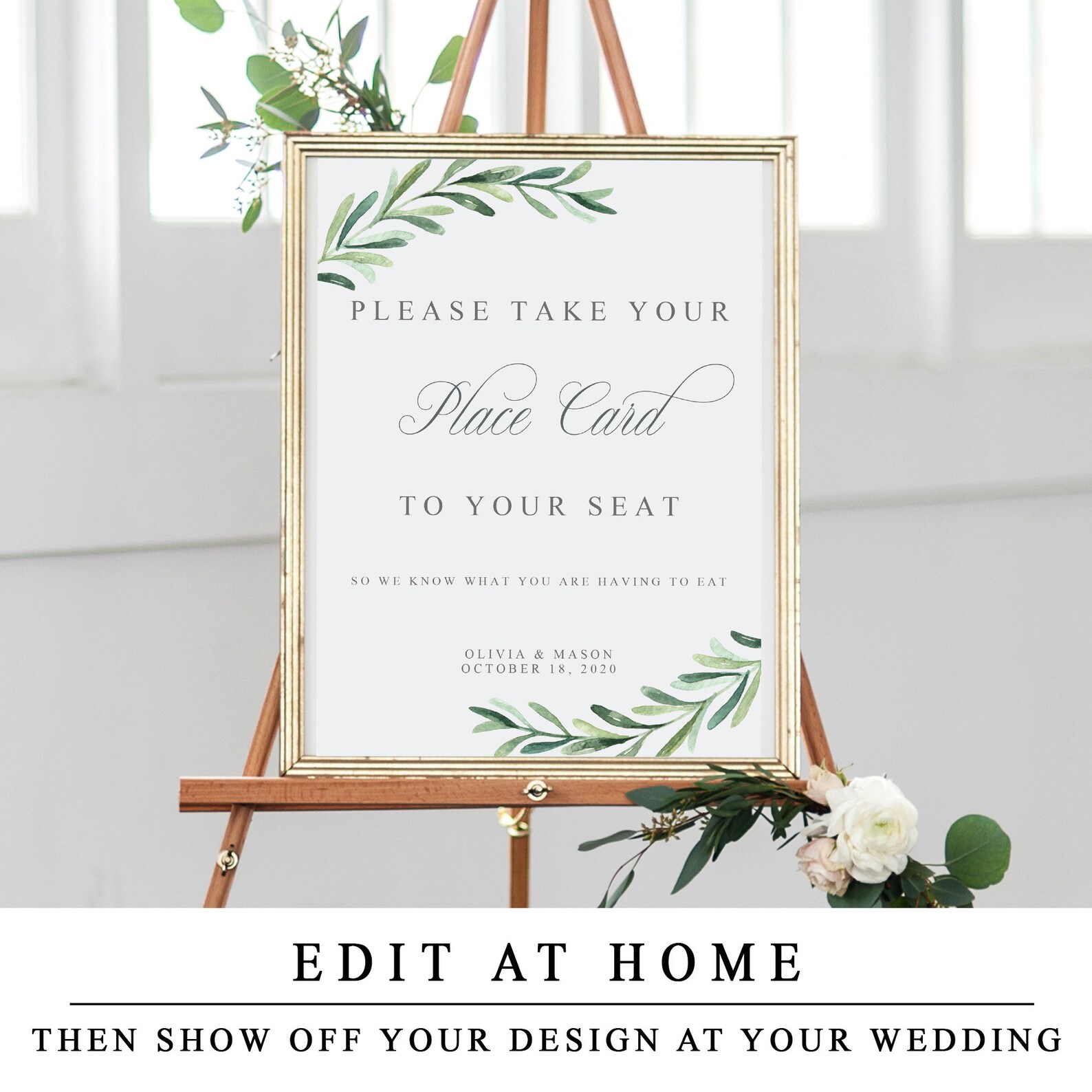 Place Card Sign, Greenery Namecard Template, Editable Wedding Find Your ...