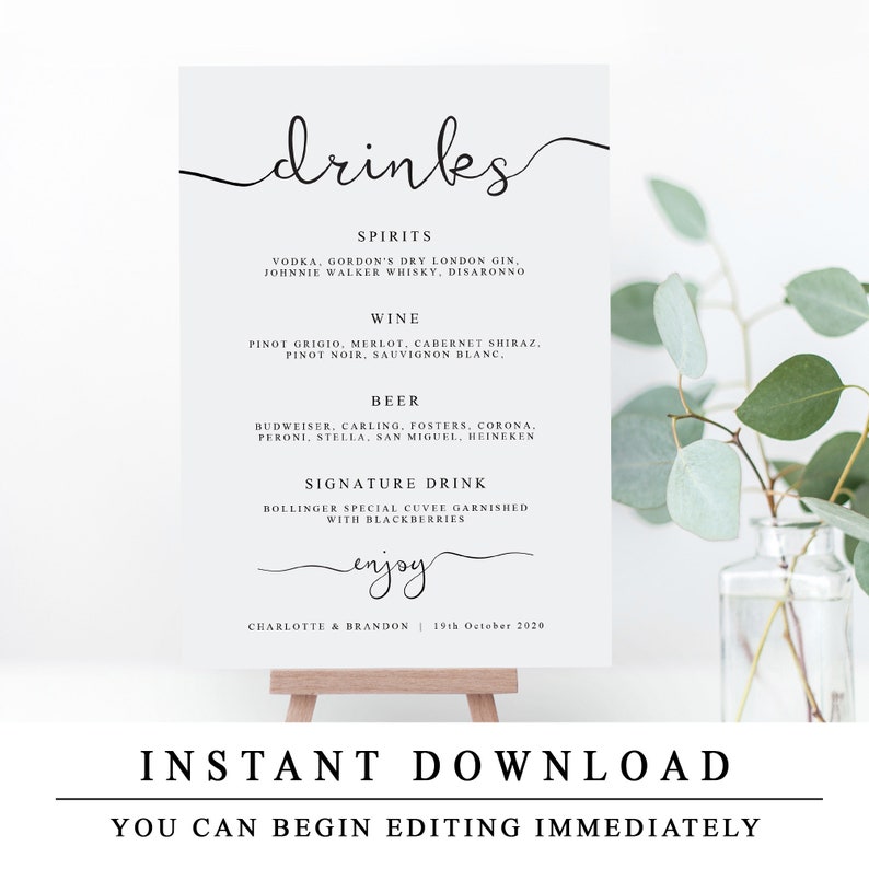 Drinks Menu, Bar Menu Sign, Customizable Bar Menu, Reception Drinks Menu, Wedding Bar Sign, Bar Sign, Printable Wedding Sign, The One image 4