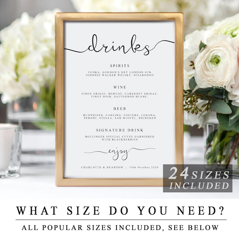 Drinks Menu, Bar Menu Sign, Customizable Bar Menu, Reception Drinks Menu, Wedding Bar Sign, Bar Sign, Printable Wedding Sign, The One image 1