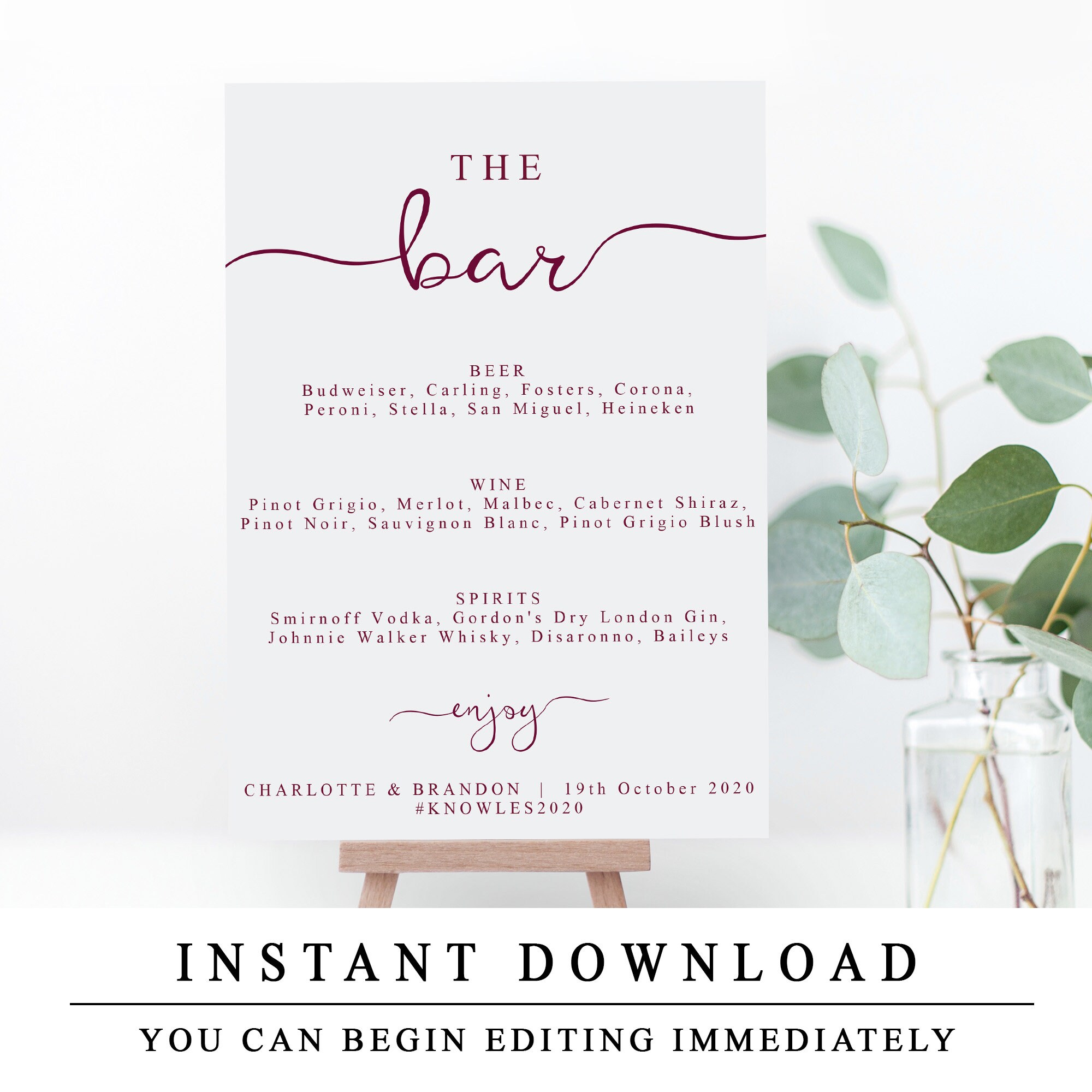 Custom Bar Menu Sign, Printable Bar Menu Sign Template, Winter Wedding ...