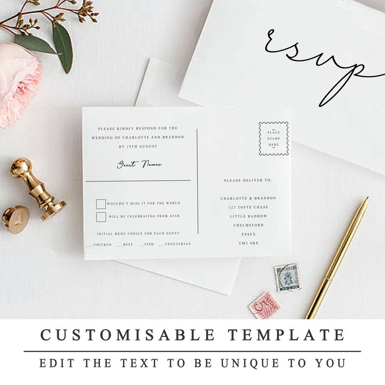 May include: A white RSVP card with black text. The card has a section for guest names, RSVP options, and a menu choice. The text on the card reads "Please kindly respond for the wedding of Charlotte and Brandon by 19th August".