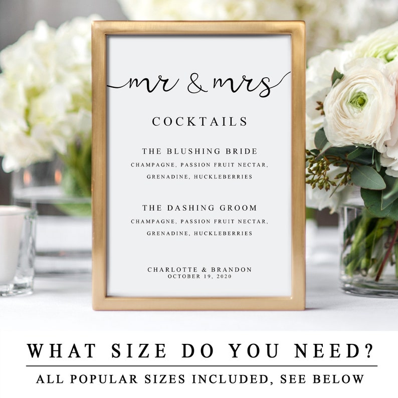 Mr & Mrs Cocktail Sign Editable Wedding Bar Menu Template