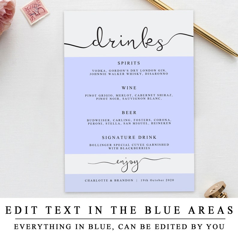 Drinks Menu, Bar Menu Sign, Customizable Bar Menu, Reception Drinks Menu, Wedding Bar Sign, Bar Sign, Printable Wedding Sign, The One image 2