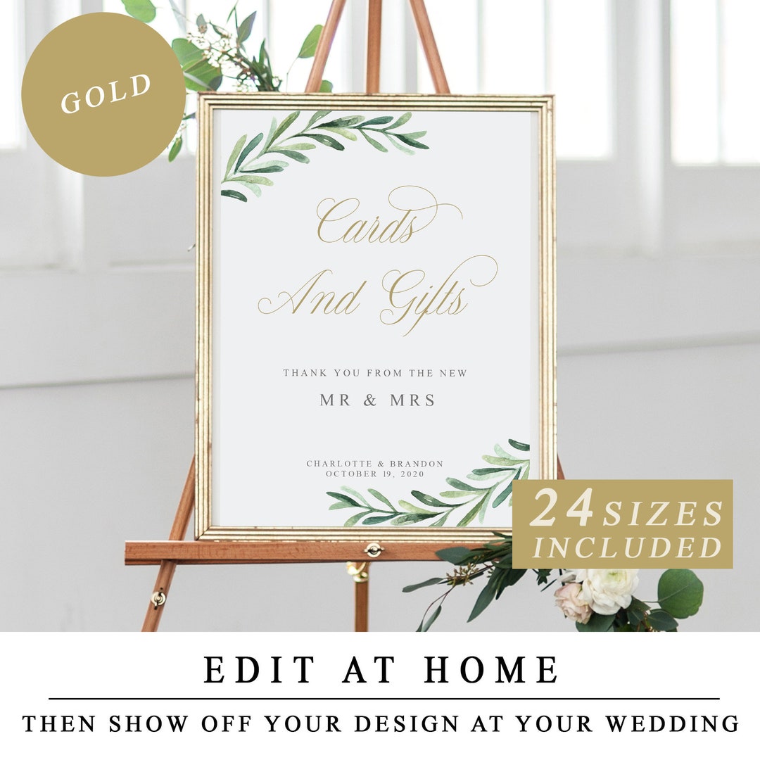Greenery Cards & Gifts Sign With Gold Calligraphy, Wedding Gift Table ...