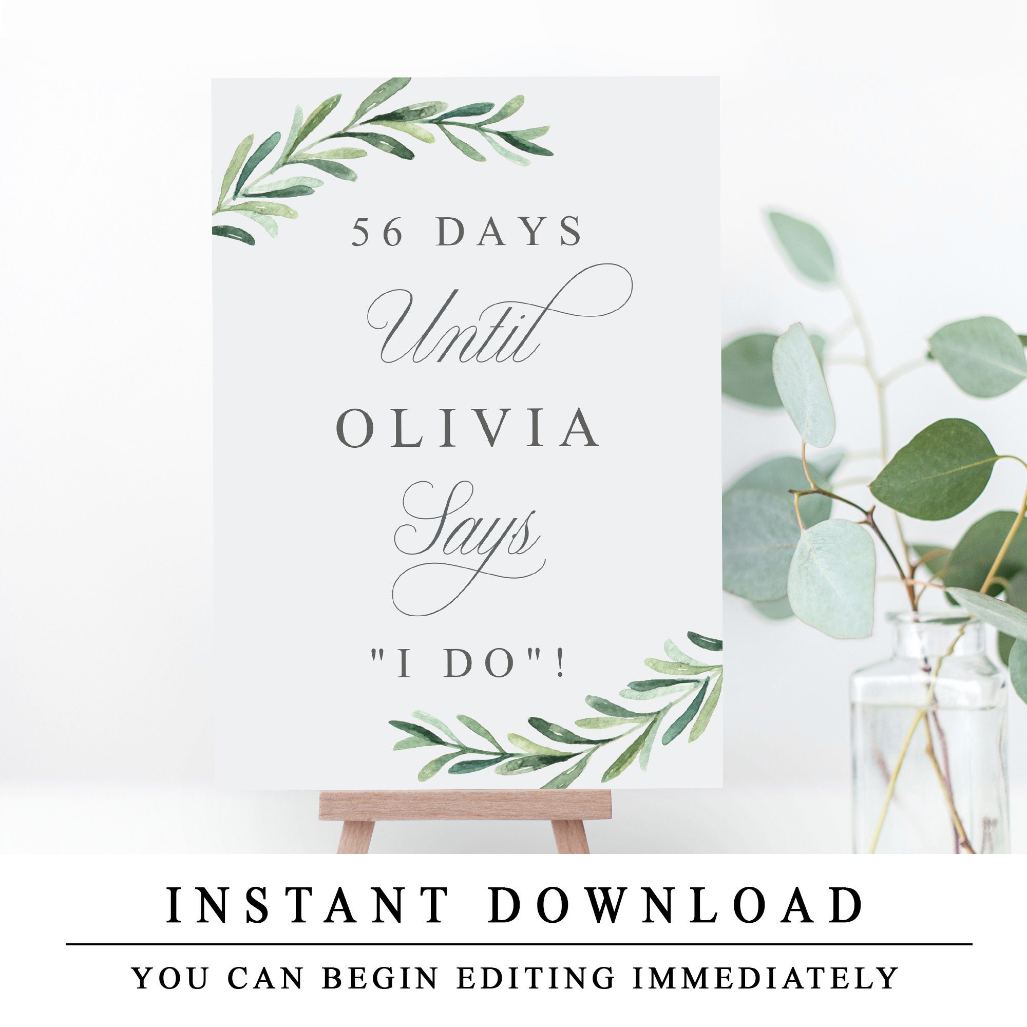 Greenery Days Until I Do Sign Template Portrait Personalised | Etsy