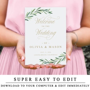Greenery Welcome To The Wedding Sign, Editable Welcome To The Wedding Template With Gold Calligraphy, Wedding Ceremony Sign INSTANT DOWNLOAD image 9