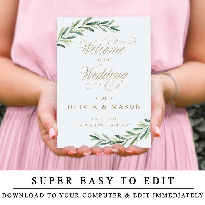 Greenery Welcome To The Wedding Sign, Editable Welcome To The Wedding Template With Gold Calligraphy, Wedding Ceremony Sign INSTANT DOWNLOAD image 9